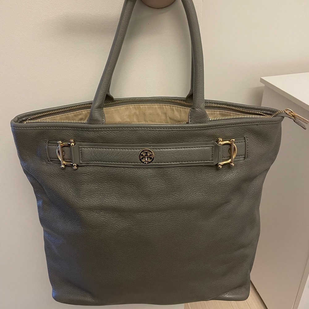 Tory Burch gray/slate blue leather tote with gold hardware